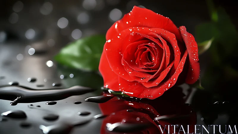 Red rose with water droplets on dark reflective surface.