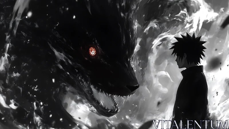 Shadow beast confronts lone anime figure amid swirling chaos.