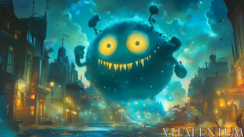 Giant teal monster floats over neon fog city street.