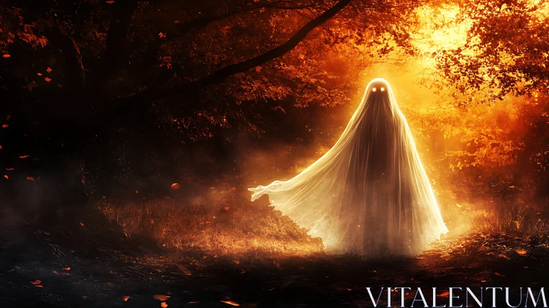 Backlit spectral figure emits volumetric glow in autumn forest