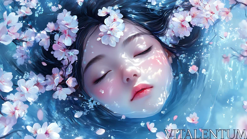 Hydrodynamic portrait of submerged face with sakura blossoms.