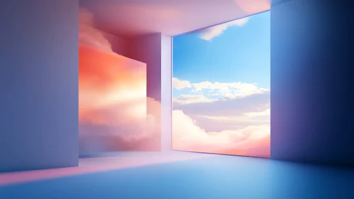 Minimalist corridor framing luminous sunset cloudscape portal