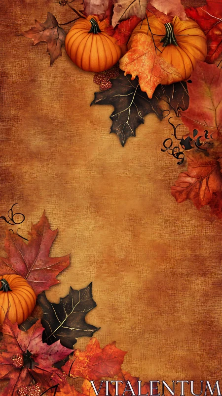 Autumn pumpkins and foliage border on textured rust canvas