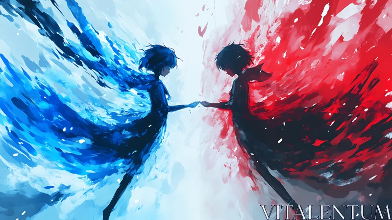 Opposing blue and red silhouettes connect across the divide.