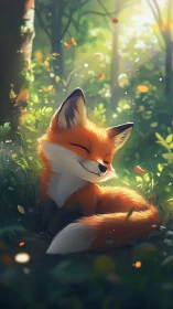 Sunlit forest fox dozing in a pocket of quiet joy.