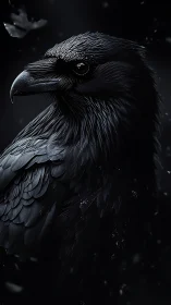 Closeup digital portrait of a black raven in darkness.