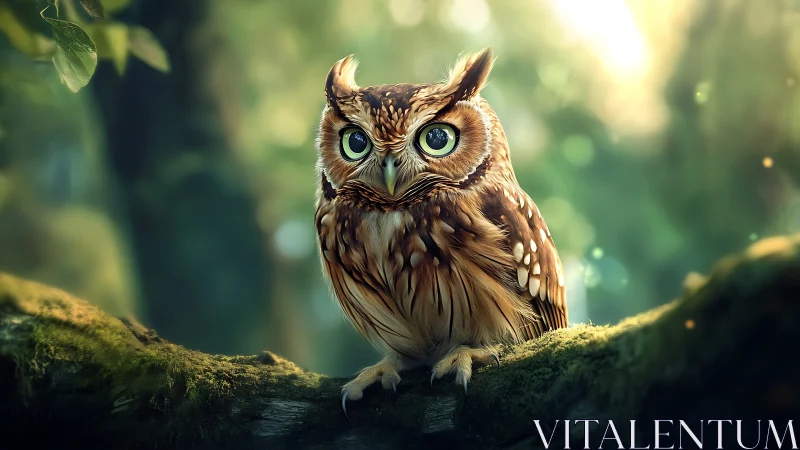 Realistic owl perched on mossy branch in dreamy sunlight forest.