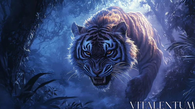 Moonlit tiger charge through misty jungle shadows at night.