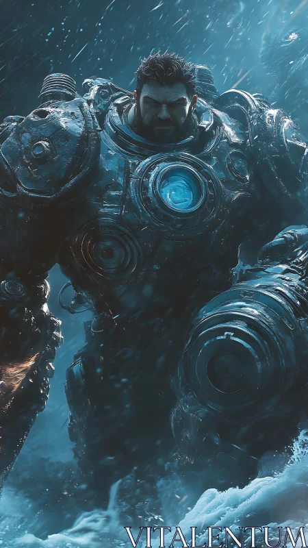 Armored titan advancing through stormy sci fi seascape.