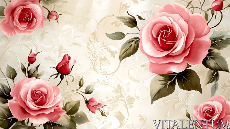 Damask Rose Botanical Composition with Ornamental Scrollwork Pattern