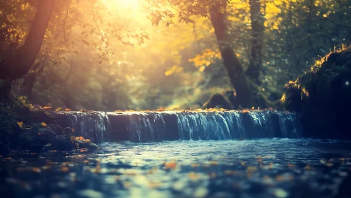 Golden forest stream glows softly in the gentle morning light