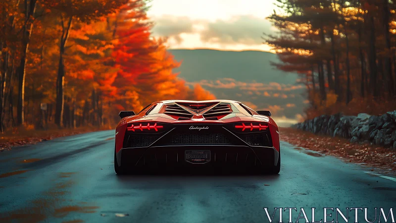 Scarlet supercar hums through autumn tunnel of molten leaves