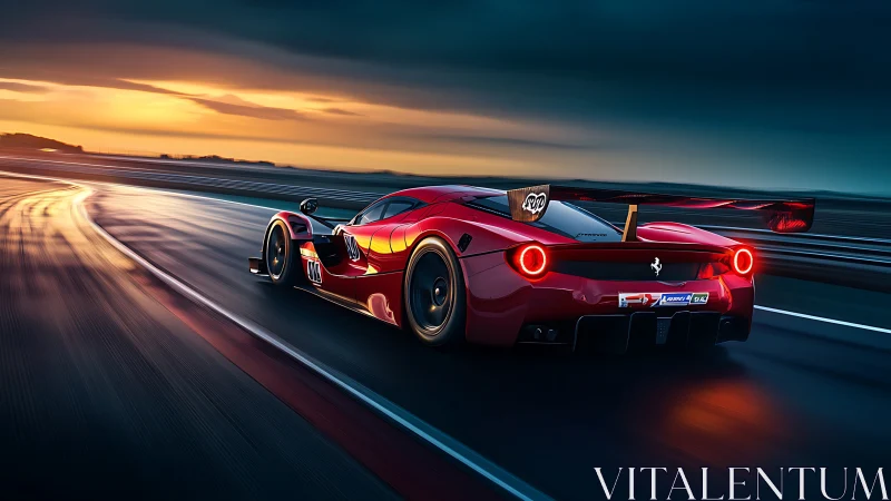 Sunset sprint with a crimson race car on slick asphalt.