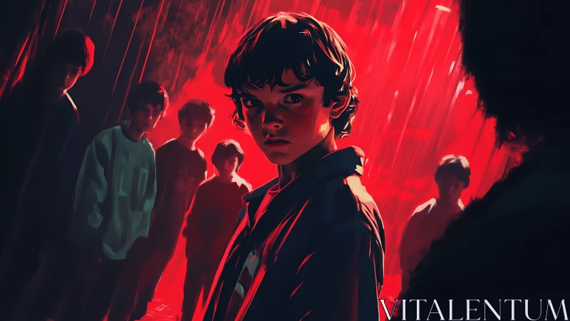 Cinematic adolescent standoff under saturated red backlighting.