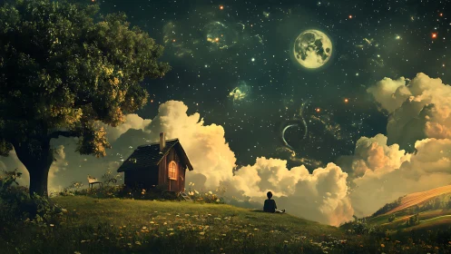Dreamer under luminous cosmos beside hilltop cottage.