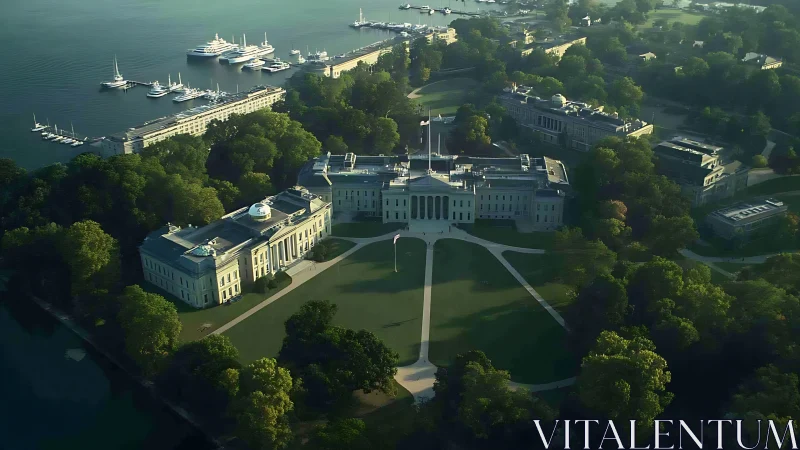 Harborfront academy crown basking in misty emerald light.