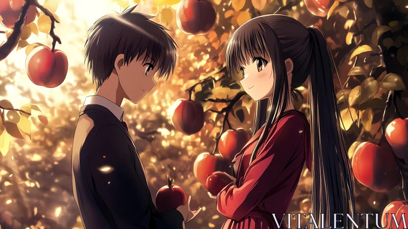 Autumn orchard anime couple under warm backlit apple trees