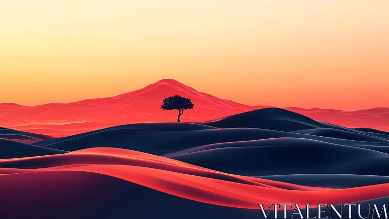 Solitary tree amid neon dunes at glowing desert dusk.