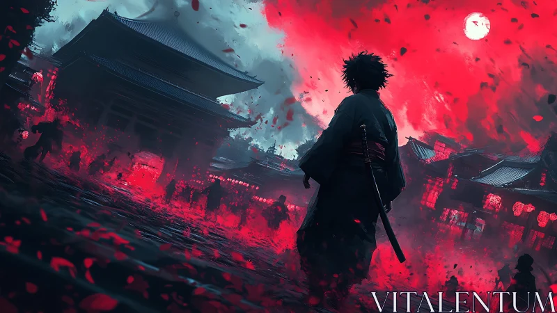 Samurai silhouette traverses ember-lit temple courtyard under blood-red sky