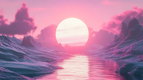 Neon sun sinks behind icy canyon over reflective water