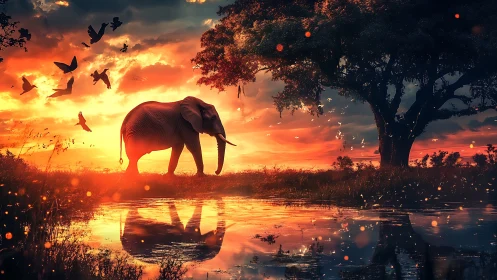 Ember-sky elephant wandering by a spellbound watering hole.