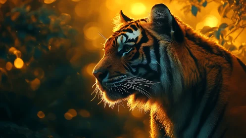 Tiger in molten sunset glow gazes through the jungle shadows.