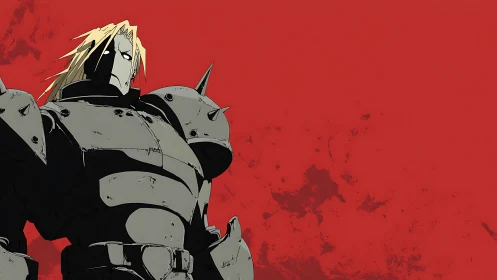 Armored humanoid silhouette against distressed red field.