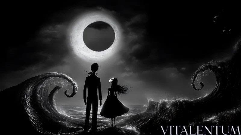 Silhouetted figures observing eclipse over stylized ocean.