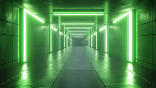 Neon green sci-fi corridor with reflective modular walls.