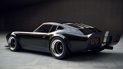 Photorealistic black muscle car in minimal studio perspective.