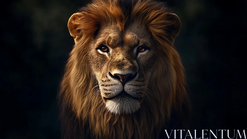 Frontally lit lion portrait with chiaroscuro mane detailing.