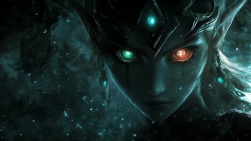 Dual-eyed spectral figure with ornate crown in darkness.