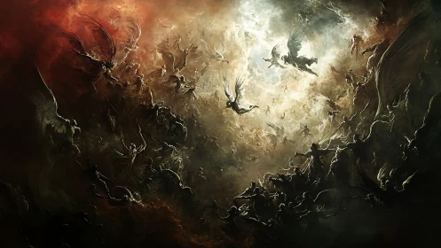 Celestial legions clash within stormlit infernal cloudscape.
