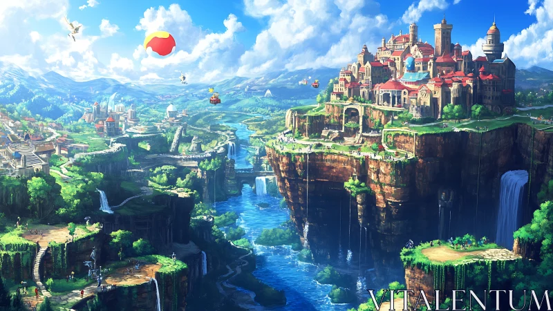 Expansive floating cliff city overlooks verdant river valley