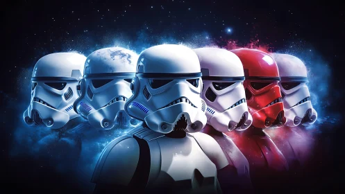 Row of armored sci fi soldiers with one red helmet.