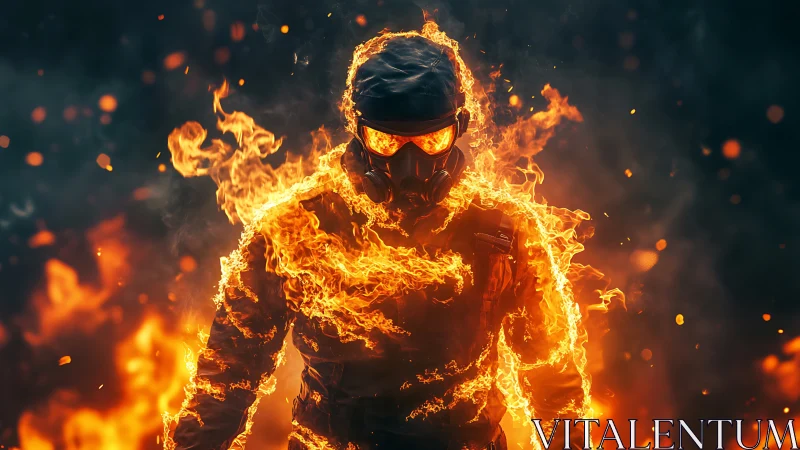 Soldier in tactical gear fully engulfed in surrounding flames.