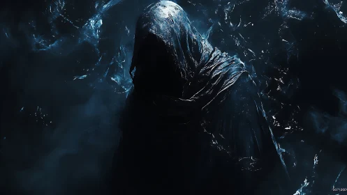 Shrouded hooded figure in dark, blue illuminated mistscape.