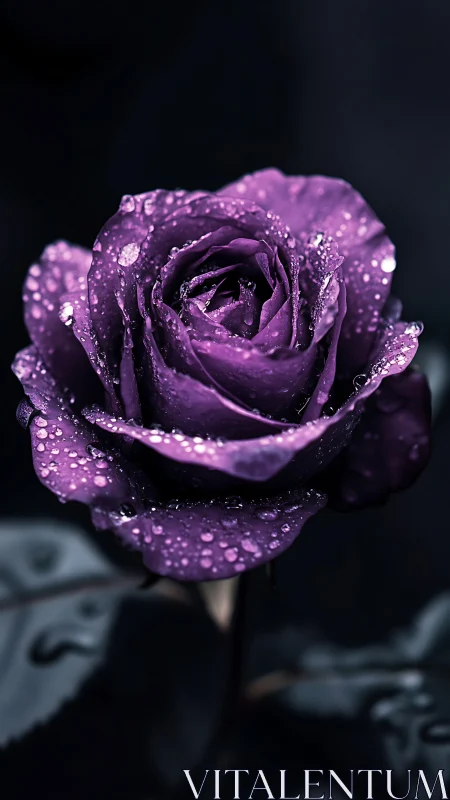 Purple Rose with Dewdrops Against Dark Background.