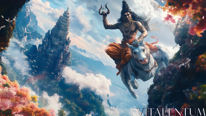 Hindu deity on white bull above clouds in mountain valley.