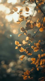 Golden leaves hanging in warm backlit forest bokeh glow.