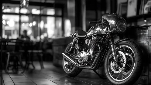 Chrome cafe racer shines quietly inside a cozy urban café