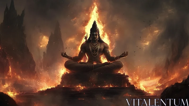 Meditating fire deity amid volcanic peaks and molten sky.