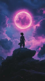 Celestial warrior silhouette under radiant magenta moon.