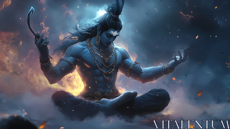 Divine blue meditator in stormlit cosmic fire vortex.