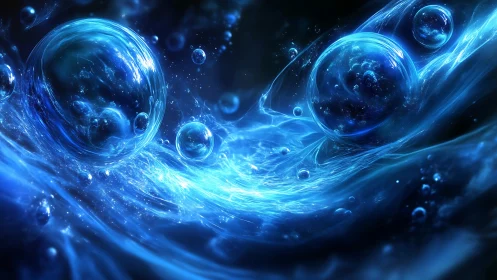Blue energy spheres suspended in flowing luminous waves.