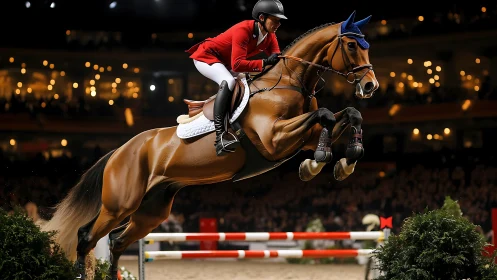 Show jumper and horse captured mid-air under arena lights