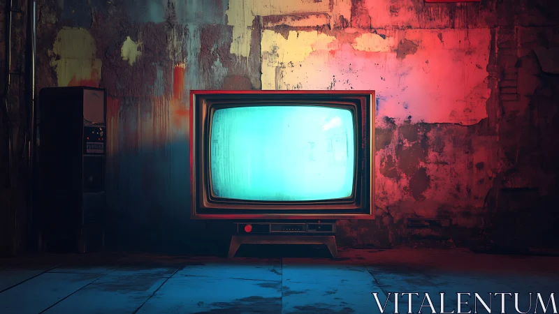 CRT monitor glow in decayed industrial interior environment.