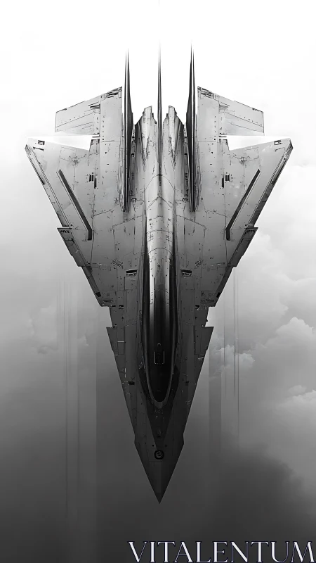 Monochrome stealth interceptor in vertical symmetrical composition.