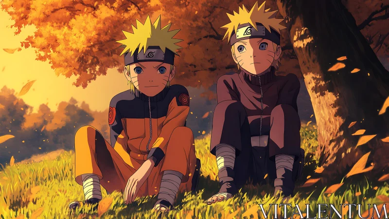 Twin blond ninjas resting under blazing autumn canopy.