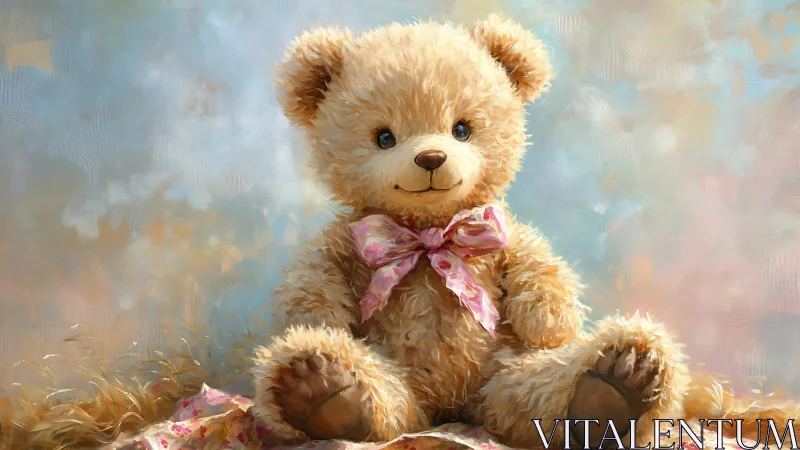 Soft teddy bear portrait with pink floral ribbon bow.